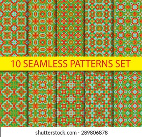 Set of seamless patterns in byzantine style. Ten unrepeatable graphic ornaments with swatch for filling.