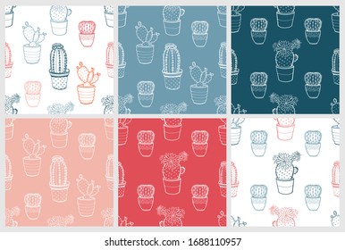 Set of seamless patterns with cacti. Hand-drawn doodle succulents. Green, blue, pink and contour cacti background for wrapping, scrapbooking paper, banners. Stock vector illustration