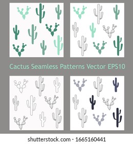 Set of seamless patterns with cacti. Scandinavian hand-drawn doodle succulents. Green, gray and outline cactus background for wrapping, scrapbooking paper, banners. Stock vector illustration.