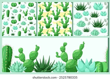 A set of seamless patterns with cacti and succulents. Vector illustration.