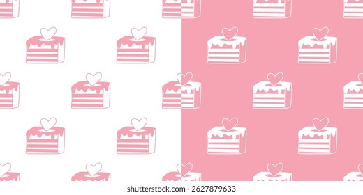 Set of seamless patterns with cake pieces in pink color. Delicate romantic backgrounds with sweet pastries. Dessert with heart decor, print for textile, packaging and bakery design. Vector graphics