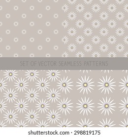 Set of seamless patterns with camomile. Seamless background with daisy flowers.White daisies on  beige background. Cute camomile wallpaper in vintage style. Pastel floral print. 