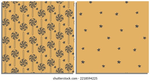 Set Of Seamless Patterns With Candies And Stars. Pattern For Christmas Packaging, Fabric, Clothes And Any Designs. Children's Cute Drawing. Vector Ornament. A Simple Line Drawing.