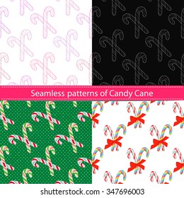 Set of seamless patterns with candy cane, their outline on the white and colorful backgrounds 