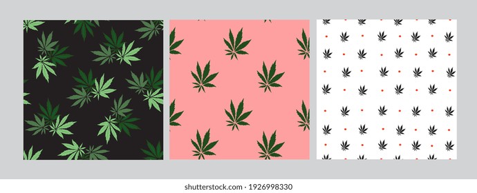 Conjunto de patrones sin fisuras de hojas de cannabis. Ilustración vectorial. 