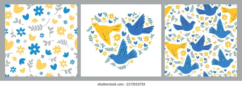 Set of seamless patterns and a card of doves of peace and flowers. Hand-drawn illustrations.