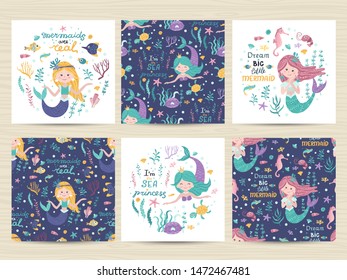 Set of seamless patterns and cards with cute mermaid