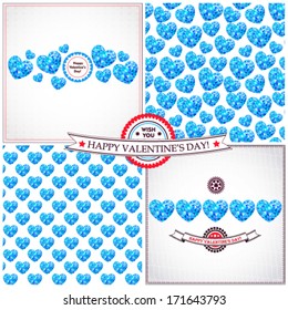 Set of  seamless patterns and  cards with geometric hearts.