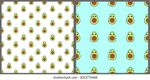 Set of seamless patterns with cartoon avocado. Avocado with different emotions. Print, childish background. 
