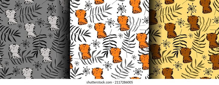 Set of seamless patterns with cartoon cute cat and leaves, children's ornament. Funny  animals .Hand Drawn Vector Illustration. For nursery, posters, prints on fabric. Background