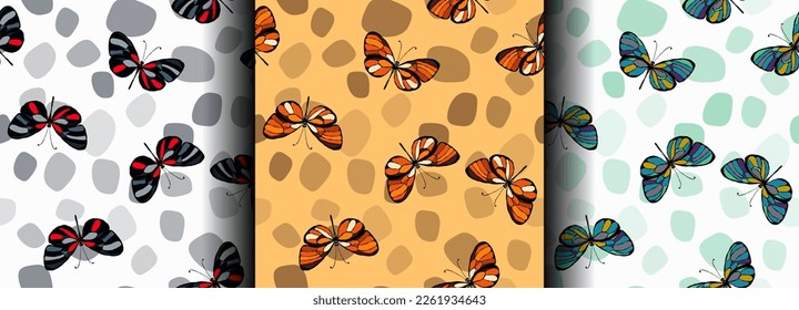 Conjunto de patrones impecables con caricaturas mariposas lindas, adorno infantil. Graciosos insectos. Ilustración de vectores dibujados a mano. Para la guardería, afiches, impresiones en tela. Antecedentes