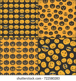 Set of seamless patterns from cartoon emotion, smiling pumpkins. Design for packaging, textiles, banners, invitations to a Halloween party. Background. Vector illustration.