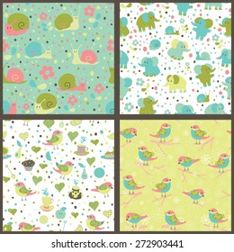 Set of seamless patterns with cartoon funny elephants and snails, birds and sweets. Childish background. Holiday design. Vector illustration.