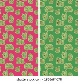 Set of seamless patterns with cartoon houses drawn in outline style placed on spots