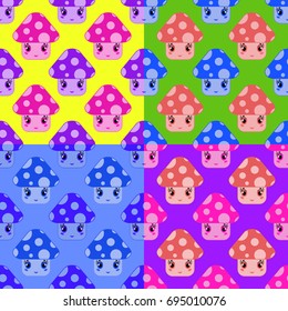 Set of seamless patterns from cartoon mushrooms of different colors on a multicolored background.