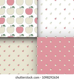 Set of seamless patterns with cartoon pink apples. Good for surface design, textile, fabric, wrapping paper, pattern fills, backgrounds and wallpapers. Vector illustration. 