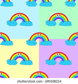 The set of seamless patterns from a cartoon rainbow with clouds on a colorful background