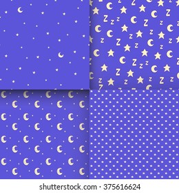 Set of seamless patterns with cartoon stars and moon. Can be used for wallpaper, pattern fills, greeting cards, webpage backgrounds, wrapping paper or fabric. Vector illustration. EPS 10.
