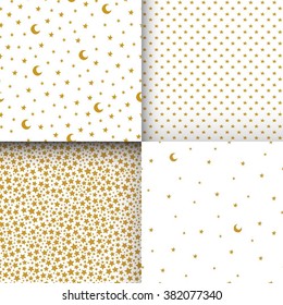 Set of seamless patterns with cartoon stars and moon. Can be used for wallpaper, pattern fills, greeting cards, webpage backgrounds, wrapping paper or fabric. Vector illustration. EPS 10.