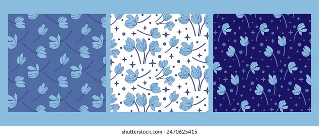 A set of seamless patterns with cartoon tulips with outline and fill in blue, cyan and white colors. Delicate background with tulip buds. Elegant handmade textures for decoration and printing.