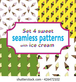 set of seamless patterns with cartoons ice cream and candies. Vector illustration.Sweet design for children textile and clothes, wallpapers, packaging, birthday background