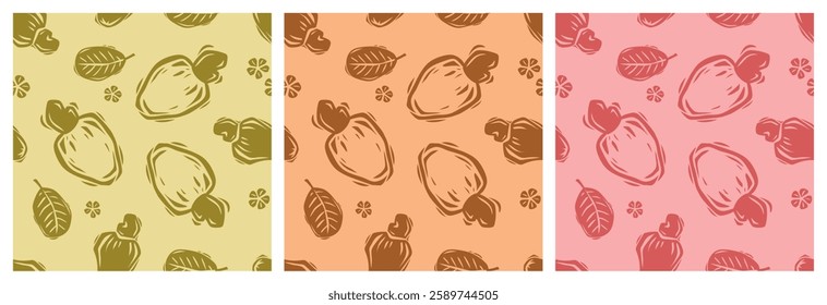 Set of seamless patterns of cashew nuts. Modern earthy colors. For prints on fabric, paper, prints, cards, posters, banners.