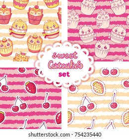 Set of seamless patterns with cat shaped cupcakes and berries. Cute vector cartoon design for kids.