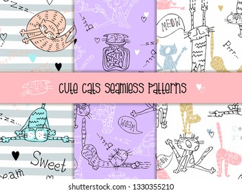 Set of seamless patterns of cats in a cute style. Vector