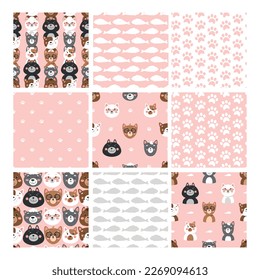 Set of seamless patterns with cats, set of different cats, seamless pattern with cats, cute pets pattern, different cats. illustration in flat style, cat face