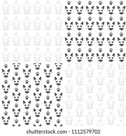 Set of seamless patterns with cats muzzles and paws. Vector black and white backgrounds with isolated objects on white.