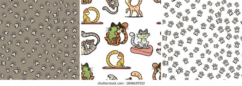 Set of seamless patterns with cats, smartphones and paw prints. Isolated vector on gray and white background. For fashion prints, clothing, packaging