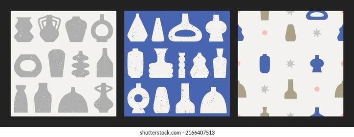 Set of seamless patterns with ceramic objects and vases, pottery. Simple shapes, texture. Home decorating, arts and crafts. 
Scandinavian style. Colorful vector illustrations.