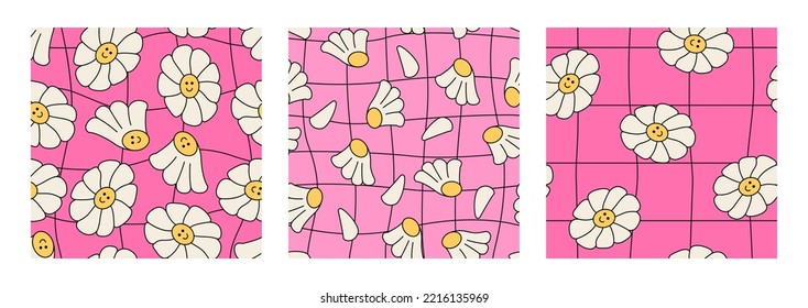 Set of seamless patterns with chamomile flowers and distorted linear cage. Retro vector floral backgrounds