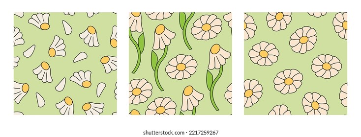 Set of seamless patterns with chamomile flowers. Retro vector floral backgrounds