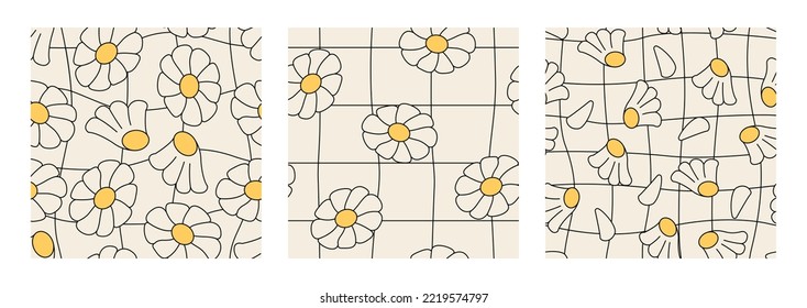 Set of seamless patterns with chamomile flowers and distorted linear cage. Retro vector floral backgrounds