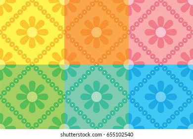 Set of seamless patterns with chamomiles on a colorful background. Dots painting.