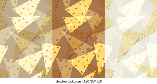 Set of the seamless patterns of the cheese slices. Kraft paper style