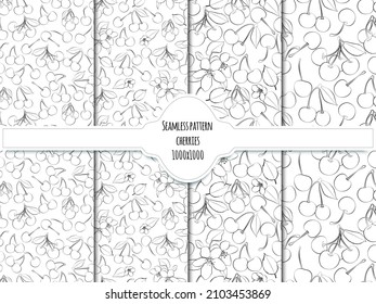 A set of seamless patterns of cherries, leaves and fruits, 1000x1000 pixels. Vector grafic