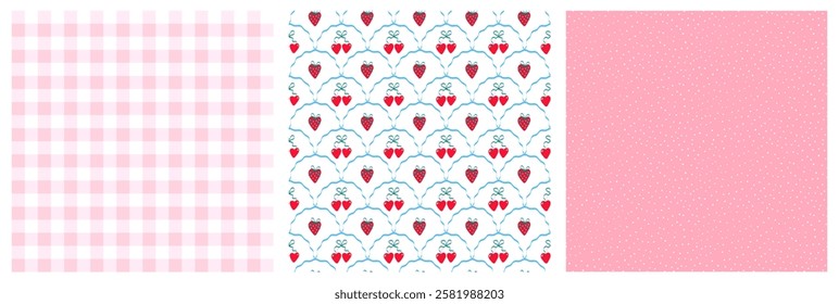 Set of seamless patterns with cherries and strawberries, ribbon bows, checkered and polka dot pattern. Romantic cute provence background. Template for card, invitation, poster, wrapping cover, banner.