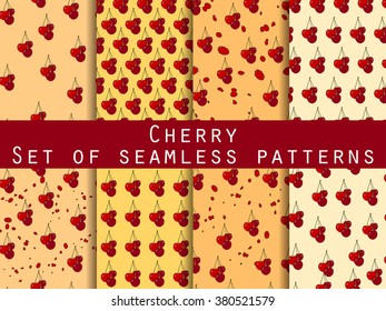Set of seamless patterns with cherries. For wallpaper, bed linen, tiles, fabrics, backgrounds. Vector illustration.