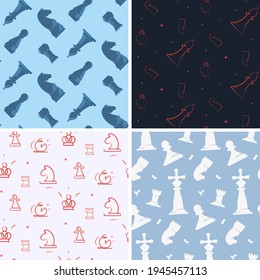 Set of seamless patterns with chess pieces. Textures with chess elements in different styles.