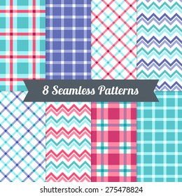 Set of Seamless Patterns with Chevron and Gingham in Pink, Magenta, Blue, Violet and White. Perfect for wallpapers, pattern fills, web backgrounds, textile, birthday and wedding cards 