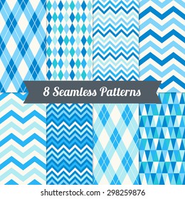 Set of Seamless Patterns with Chevron, Triangles, Harlequin and Argyle in Blue, Light Blue, Cyan and White. Perfect for wallpapers, background, textile, Christmas, birthday and wedding cards