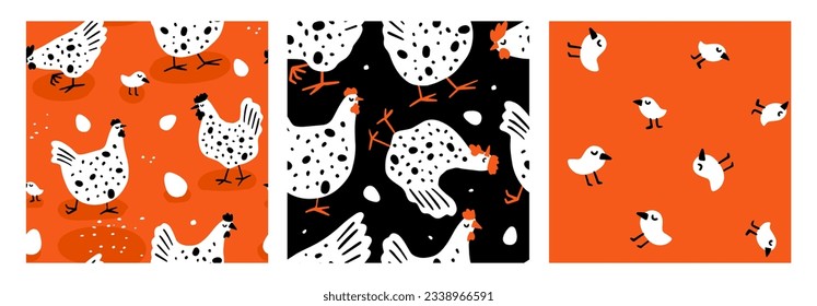 A set of seamless patterns of chickens, chickens, eggs. Children's design for fabric, paper, packaging, clothing