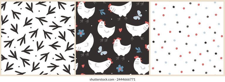 Set of seamless patterns with chickens, footprints, flowers, butterflies. Abstract summer print with poultry. Ventector graphics.