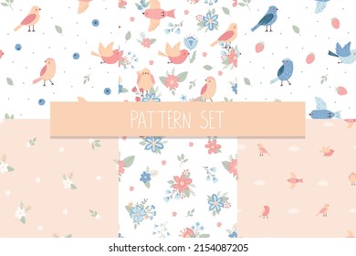 Set with seamless patterns with childish birds and flowers. Cute vector illustration in pastel colors with floral elements, for design, fabric and textiles.