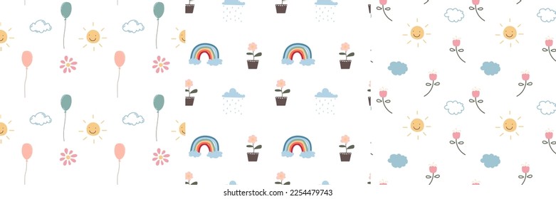 Set of seamless patterns. Children's patterns. Cute balls, flowers, houses, animals