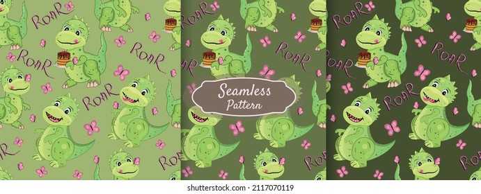 Set of seamless patterns. Children's drawing. Print for fabric or wallpaper. Vector stock illustration. Animal. Cartoon.