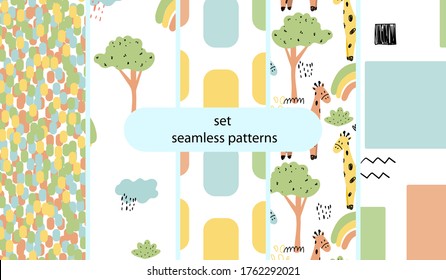 Un conjunto de patrones sin fisuras con dibujos para niños. Para los textiles y la decoración. Ilustración vectorial.