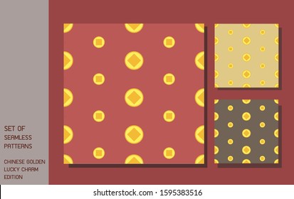 Set of seamless patterns - Chinese Golden lucky charms edition - Golden coin - For celebrate Chinese New Year  or other festivals.